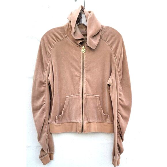 Vintage Michael Kors Y2K Velour Jacket Medium Tan Ruched Sleeve Full Zip Hoodie - Picture 1 of 4